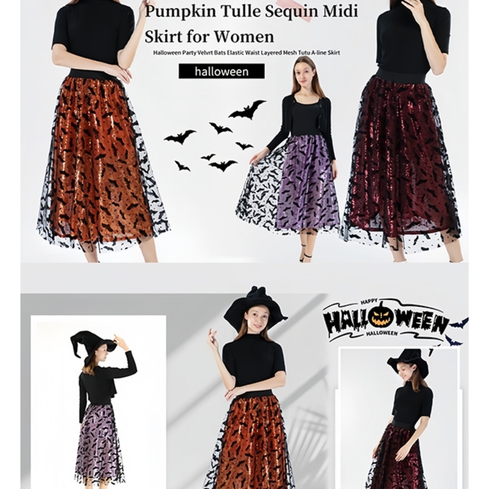🦇Tulle & Sequin Midi Skirt W/ Bats🦇